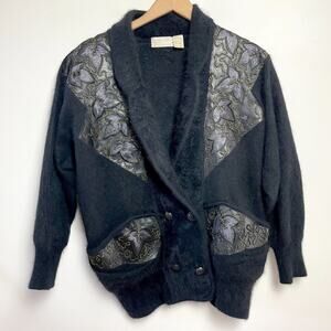 Vintage 80s Angora Cardigan Sweater Large Embroidered Leather Soft Maximalist